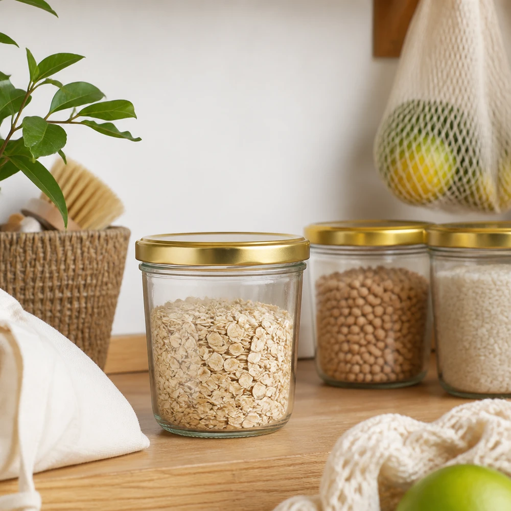 Verre renversé BasicSeal or de 230 ml avec flocons d'avoine dans une cuisine durable zéro déchet sur une étagère en bois avec des bocaux de stockage