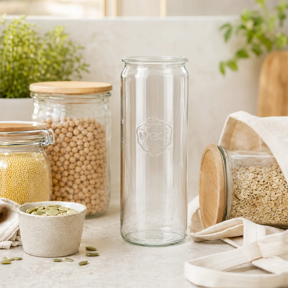 WECK Bocal cylindrique RR60 600ml vide dans une cuisine moderne entre les bocaux de stockage avec des légumineuses et des céréales