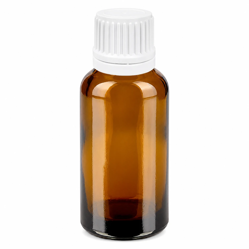 Flacon compte-goutte 30ml 0.7mm blanc OV BrownLine UT18/30 Flacon compte-gouttes 30ml BrownLine en verre anti-UV avec embout compte-gouttes blanc ouverture 0.7mm