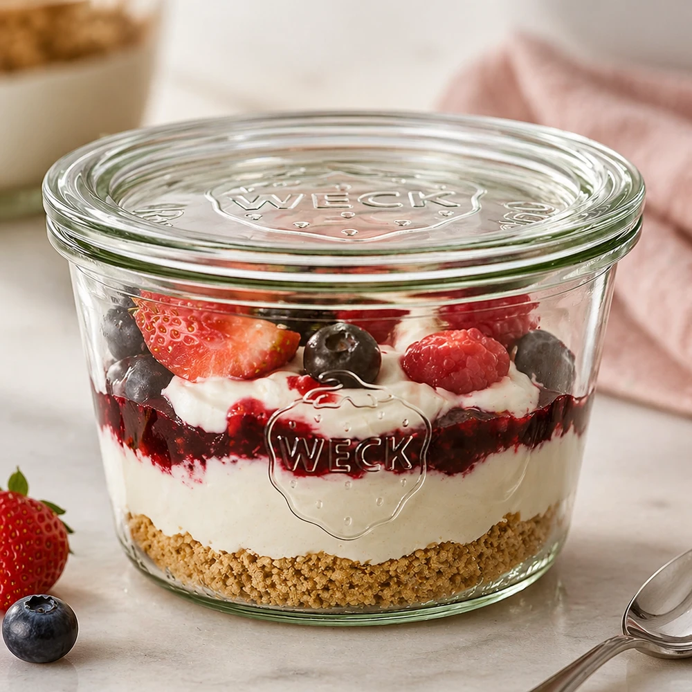 Bocal en verre de 370 ml avec couvercle en verre WECK RR100 WECK Verre renversé 370ml RR100 avec dessert stratifié à base de biscuits crème et baies utilisé comme verre à dessert