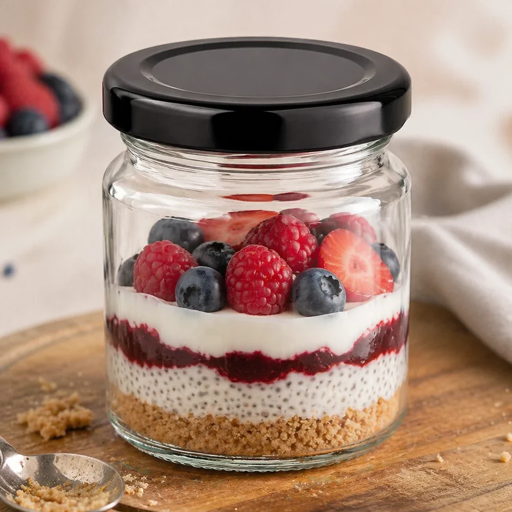 53ml Verre rond avec couvercle BasicSeal noir UNiTWIST Verre rond de 53 ml avec couvercle BasicSeal noir comme verre à dessert rempli de pudding au chia et de baies mélangées