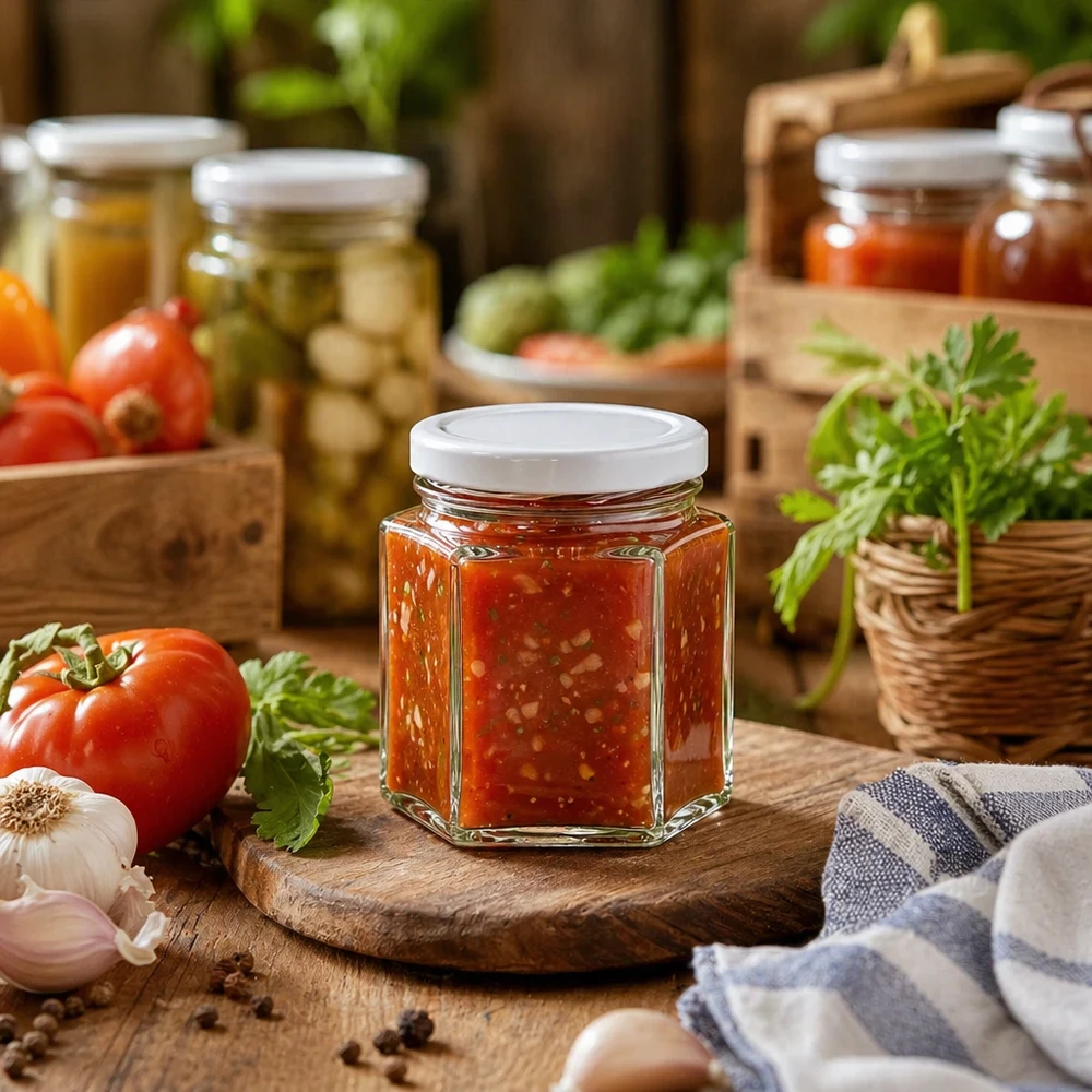 47ml Verre hexagonal avec couvercle BasicSeal blanc UNiTWIST Hexaglase de 47 ml avec couvercle BasicSeal rempli de sauce tomate entre tomates fraîches et herbes aromatiques sur planche en bois