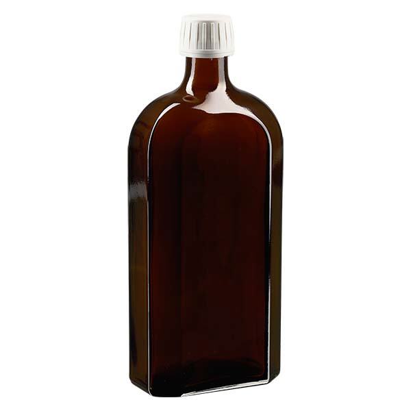Flasque brune de 500 ml au goulot PP 28, avec bouchon à vis PP 28 blanc, joint en PEE et système d’inviolabilité Flasque brune de 500 ml au goulot PP 28, avec bouchon à vis PP 28 blanc, joint en PEE et système d’inviolabilité