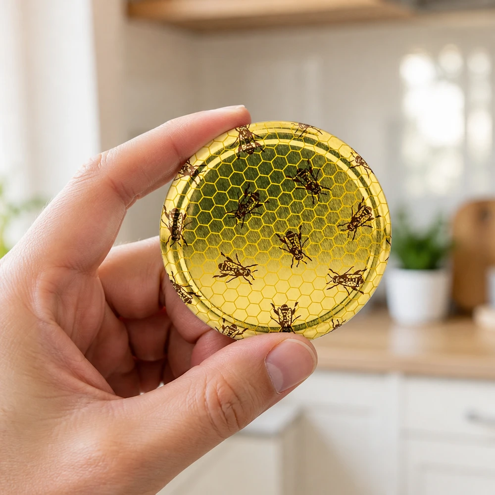 Vue détaillée du couvercle BasicSeal 82 mm à motif alvéolé, pris en main dans une cuisine (arrière-plan)