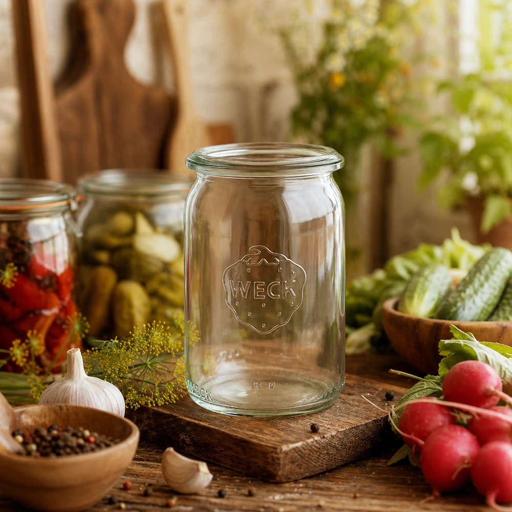 WECK RR40 Pot cylindrique 145ml dans une cuisine rustique avec des légumes frais et des conserves décoratives