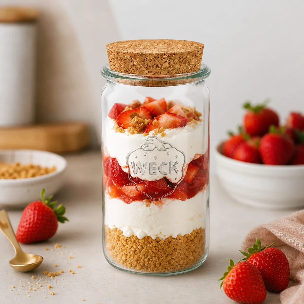 340ml bocal cylindrique WECK RR60 avec bouchon nature WECK Verre 340ml RR60 comme verre à dessert rempli de fraises et de crème montre l'utilisation polyvalente du verre en liège