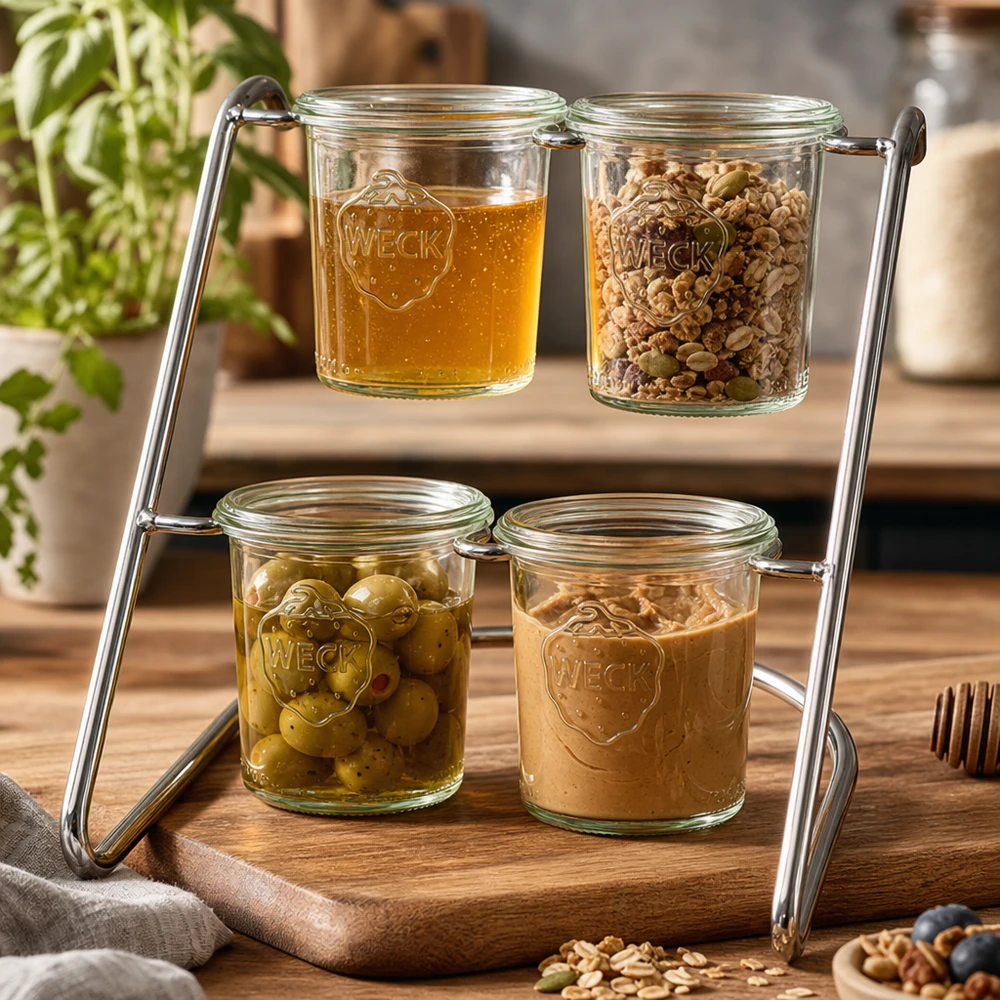 WECK Support de service Flato4 rempli de miel, de noix et d'olives - porte-verre polyvalent pour la décoration de la cuisine