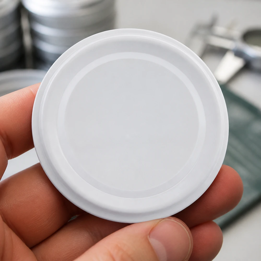 Couvercle BasicSeal 58 mm blanc (TO58deep) UNiTWIST Couvercle métallique blanc plat de 58 mm TO58deep UNiTWIST BasicSeal, photographié vu d'en bas