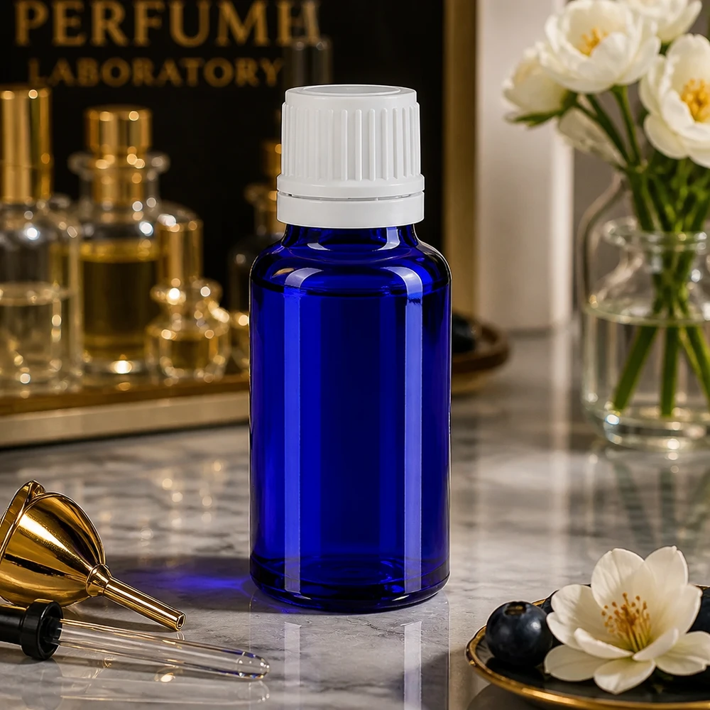 Flacon à pharmacie bleu 20ml bouchon à vis blanc bouchon d'originalité Flacon compte-gouttes en verre bleu de 20 ml avec bouchon SV OV blanc de 11 mm, pour huiles essentielles et parfums