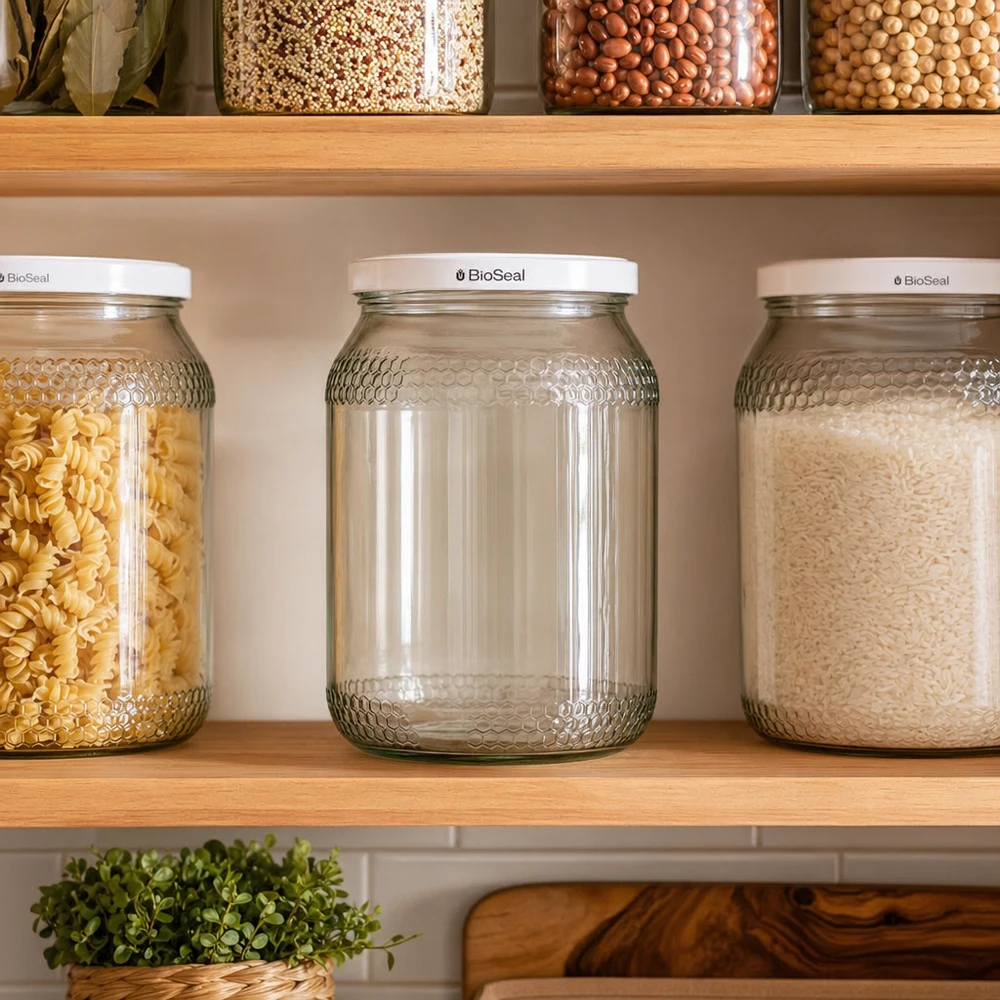 Pot de miel de 900 ml avec couvercle blanc BioSeal sur l'étagère de stockage entre les pâtes et le riz comme solution de conservation de la cuisine