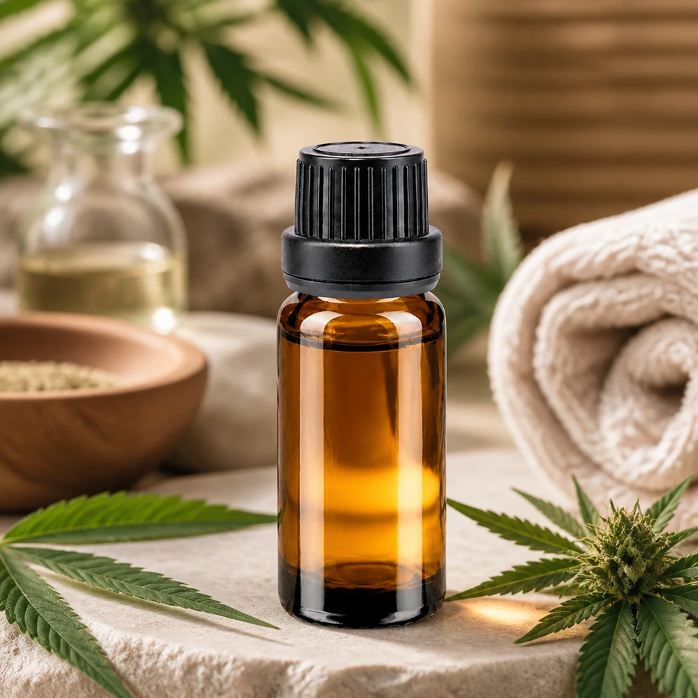 Flacon en verre de pharmacie brun de 10 ml avec compte-gouttes de 2 mm, à côté de feuilles de cannabis et de produits de bien-être