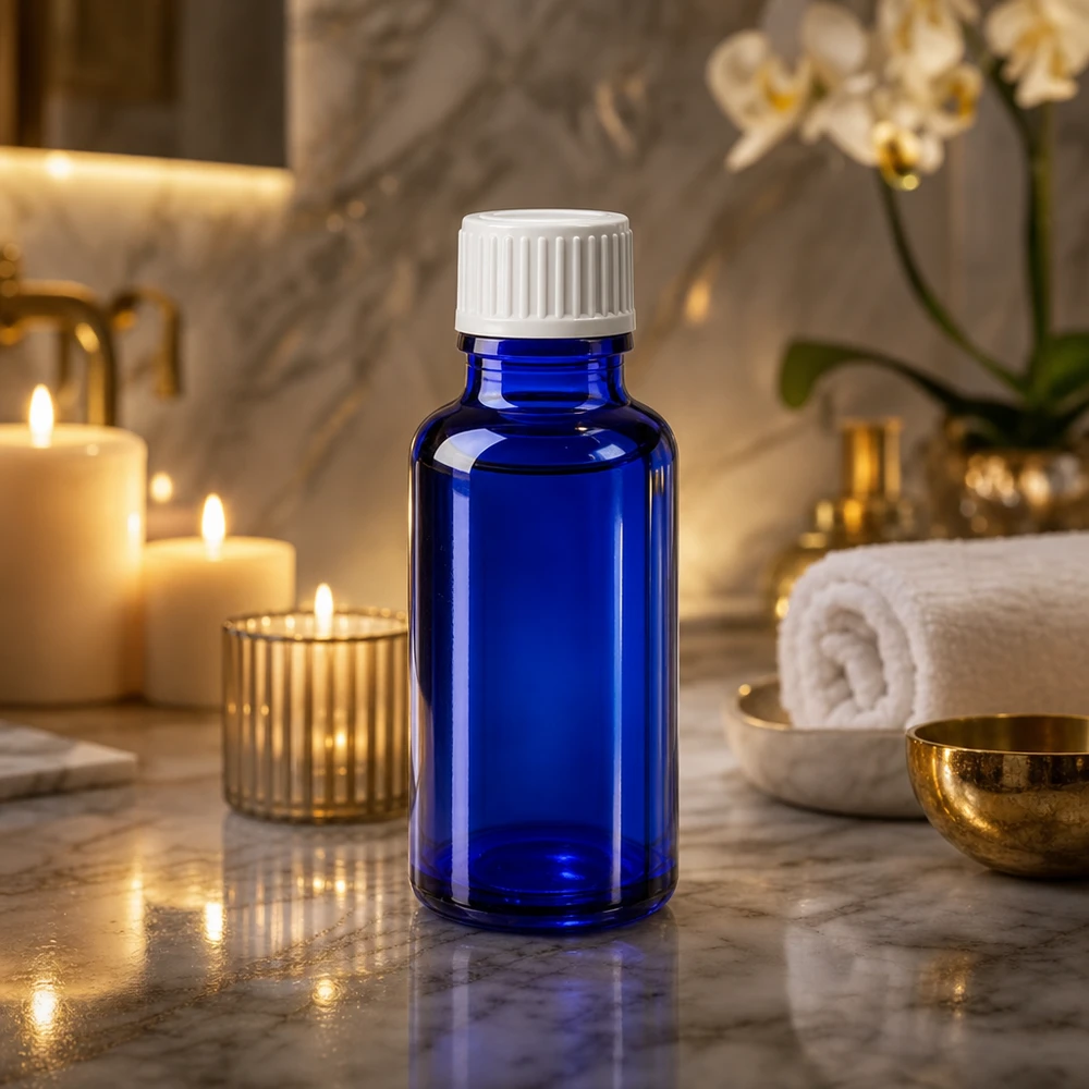 Petit flacon de pharmacie bleu de 20 ml en verre anti-UV, muni d'un bouchon blanc standard