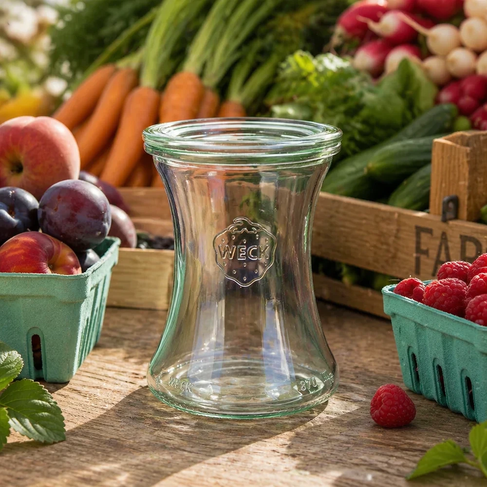Bocal en verre de 370 ml avec couvercle en verre WECK RR80 WECK Pot d'épicerie fine 370ml RR80 vide sur table en bois parmi les fruits et légumes frais montre une utilisation naturelle