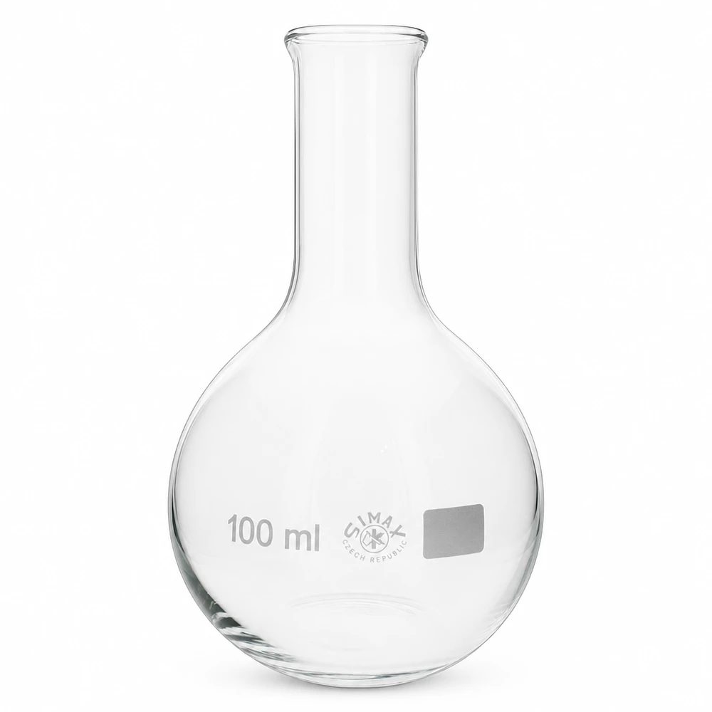 Ballon à fond plat 100 ml à col étroit, en verre borosilicate avec bord renforcé Ballon rond 100ml forme col étroit avec col long et étroit
