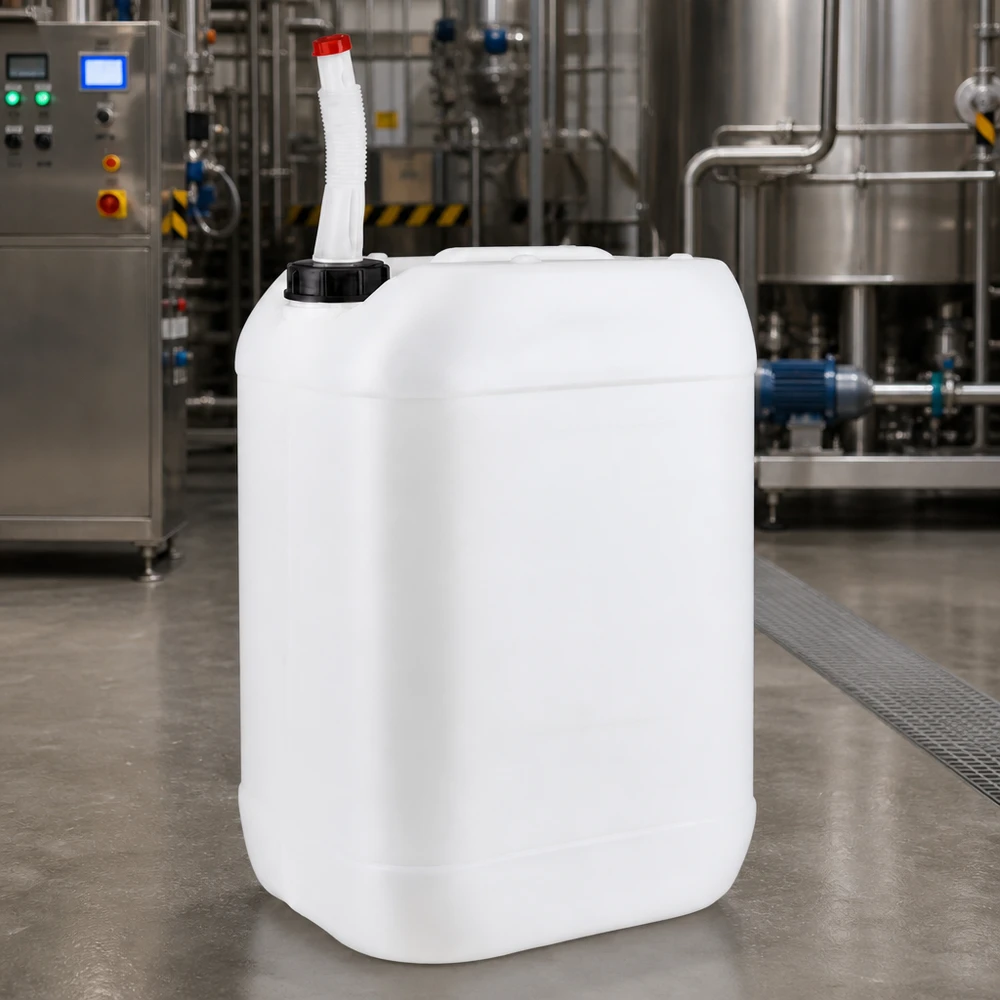 Bidon en plastique de 25 litres, adapté au contact alimentaire, avec goulotte de remplissage flexible et bouchon à vis noir
