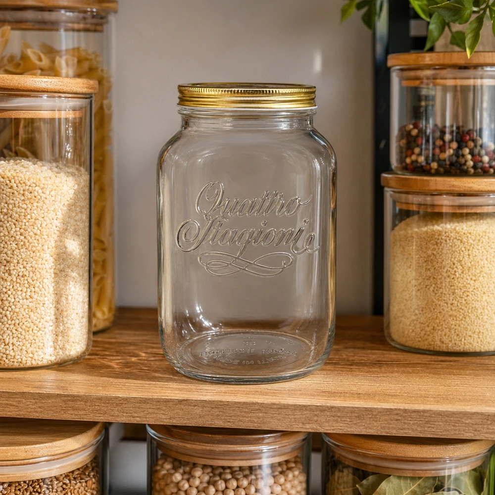 3800ml verre rond « Quattro Stagioni » avec couvercle Quattro Stagioni 3800ml Bocal de stockage vide sur une étagère en bois entre des bocaux de conservation remplis d'épices et de céréales