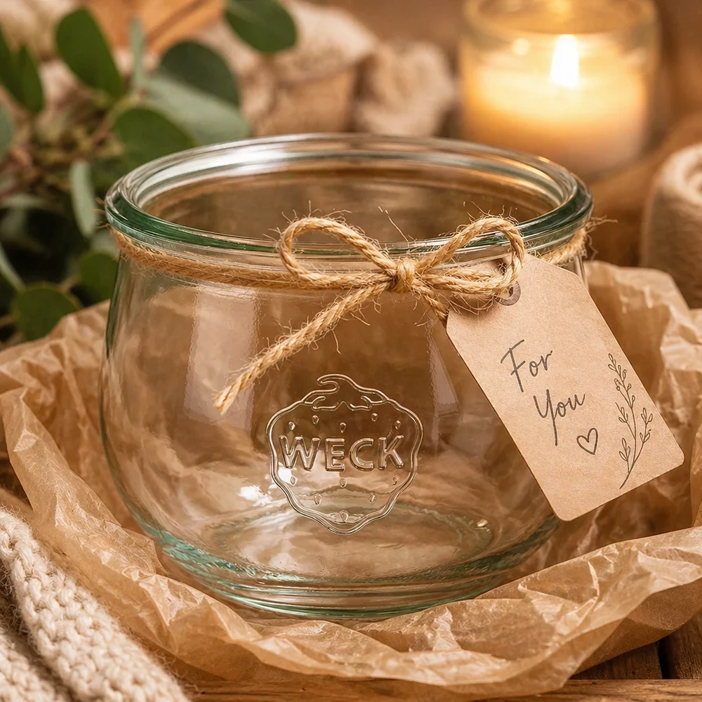 Bocal tulipe WECK RR100 de 580 ml WECK Pot tulipe 580ml RR100 avec étiquette cadeau et ficelle de jute sur table en bois avec bougie et décoration