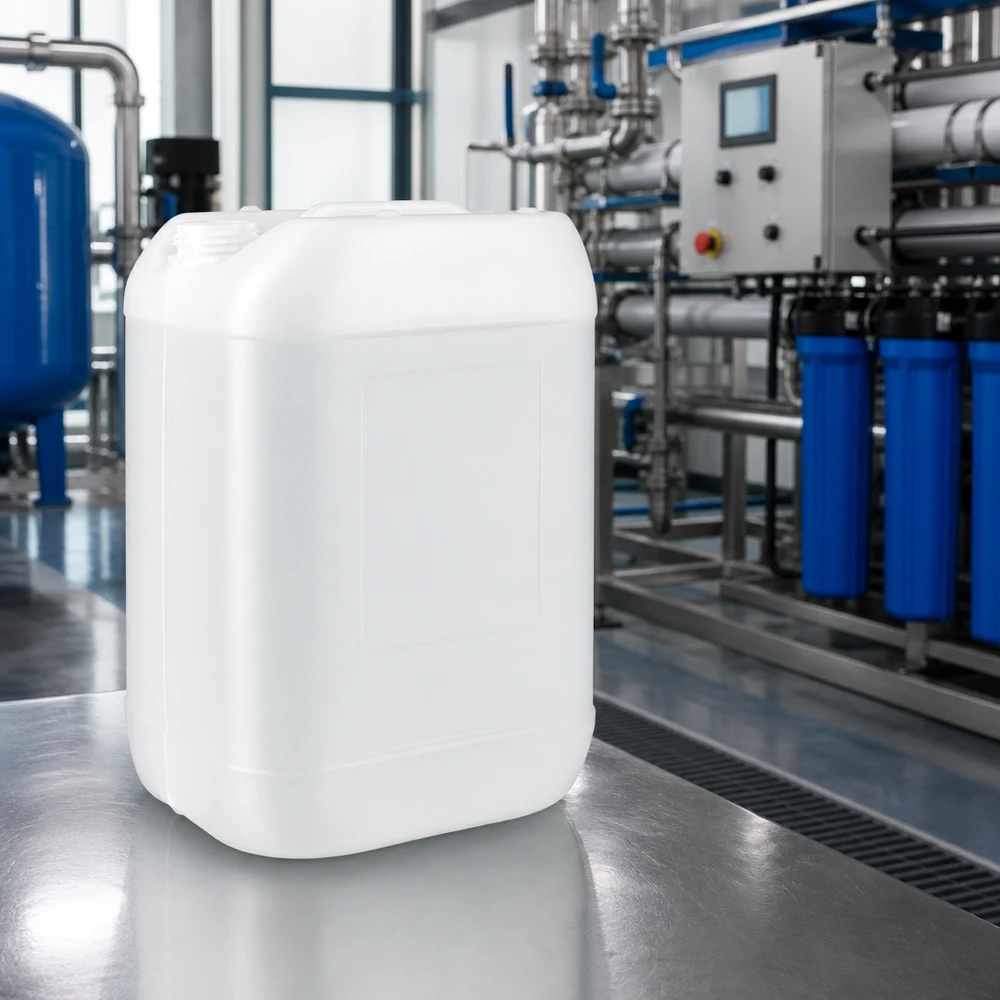 Grand bidon empilable de 25 L en plastique adapté au contact alimentaire, sans bouchon, vide