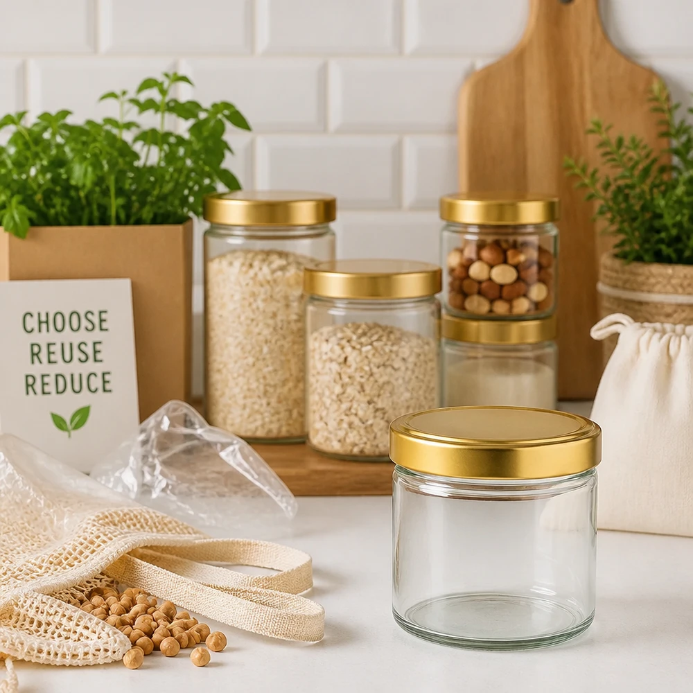 Verre cylindrique de 230 ml avec couvercle doré dans la cuisine durable zéro déchet entre les bocaux de stockage et les produits écologiques