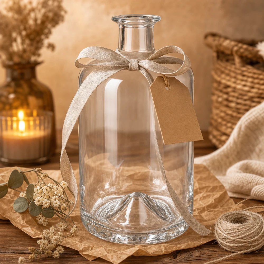 Flacon à pharmacie « Sofia » 700 ml sans bouchon UNiTWIST® Bouteille en verre Sofia de 700 ml vide avec ruban décoratif et étiquette cadeau dans une mise en scène d'ambiance chaleureuse