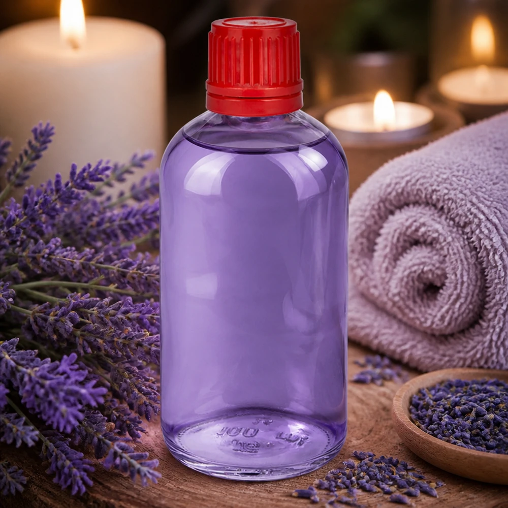 Flacon ClearLine violet de 100 ml avec bouchon OV rouge, au milieu de fleurs de lavande fraîches dans un spa
