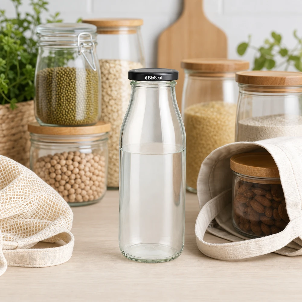 500ml Bouteille avec couvercle BioSeal noir UNiTWIST Bouteille en verre de 500 ml avec couvercle noir BioSeal dans un environnement de cuisine durable avec des bocaux de stockage et des sacs en jute