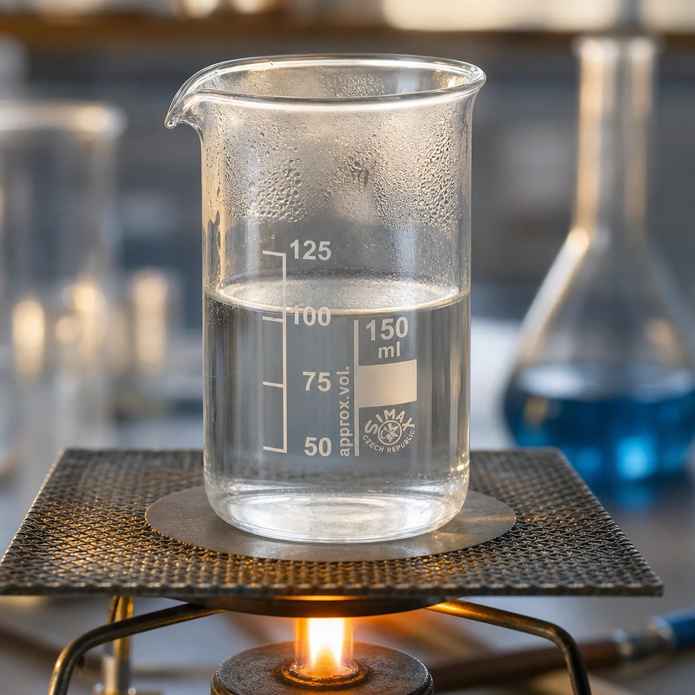 Bécher 150ml en verre borosilicate résistant à la chaleur (forme haute) Verre à bec cylindrique de 150 ml, de forme haute, muni d'un bec verseur, monté sur un trépied, pour flamme nue