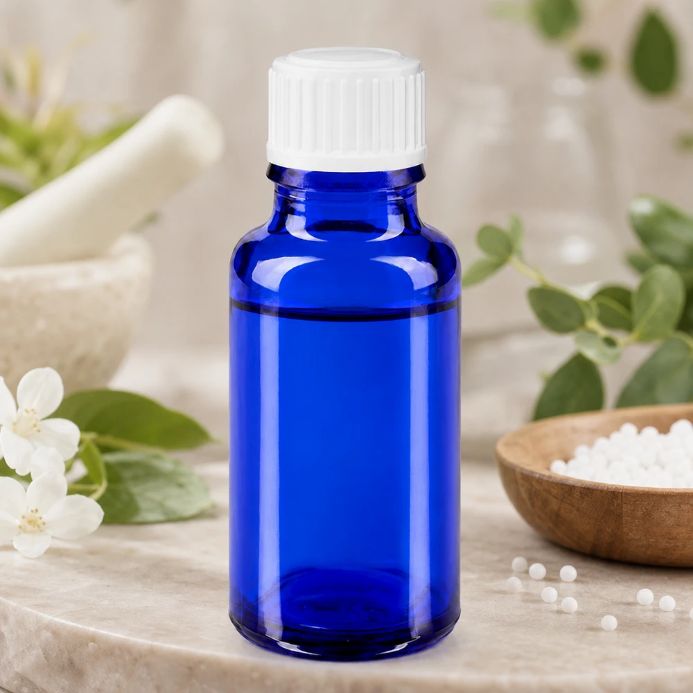 Flacon à pharmacie bleu 20ml bouchon à vis blanc standard Flacon cylindrique bleu de pharmacie de 20 ml pour teintures et essences, muni d'un bouchon à l'épreuve des enfants