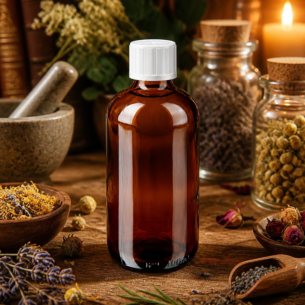 Flacon en verre ambré de 100 ml muni d'un bouchon de sécurité pour enfants, posé sur une table rustique en bois avec un mortier