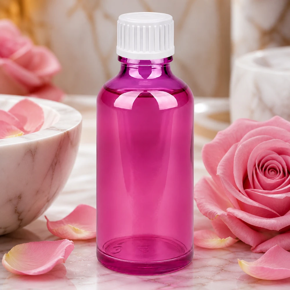 Flacon 50ml (globules) 3mm bague de coulée blanche standard PurpleLine. UT18/50 Petit flacon en verre de 50 ml avec fermeture de sécurité pour les enfants pour une conservation sûre des concentrés