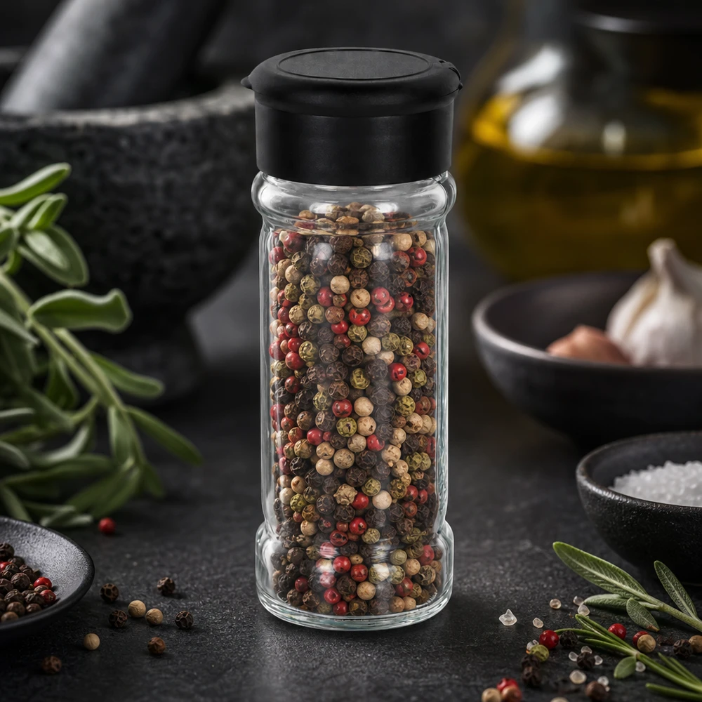 Pot à sel/épices 100 ml avec saupoudreuse, noir Pot à épices rond de 100 ml avec couvercle à secouer, de couleur noire, entre des herbes fraîches et de l'ail