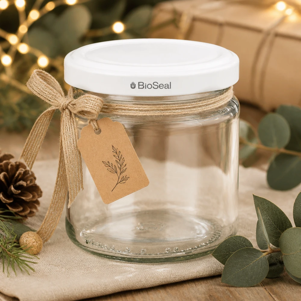 UNiTWIST Runda212 décorée de manière festive avec un nœud en jute et une étiquette cadeau comme cadeau de Noël avec couverture TO66 blanche