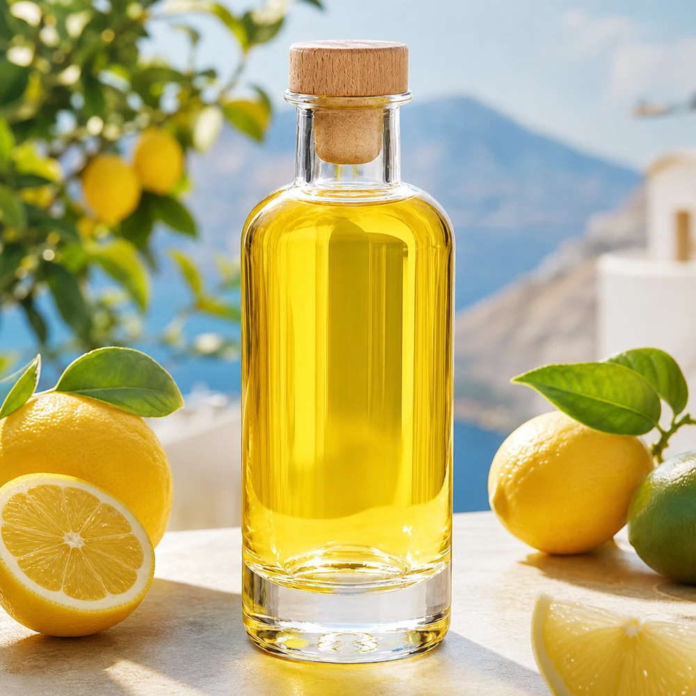 Bouteille Ella » avec bouchon en bois UNiTen verre 200 ml « WIST® Bouteille en verre Ella 200ml avec bouchon en bois remplie d'huile jaune entourée de citrons frais dans un décor méditerranéen