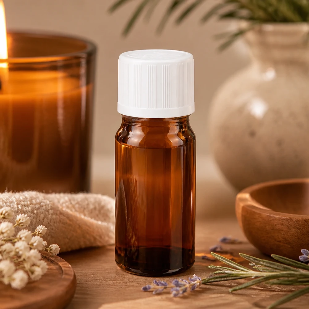 Flacon de pharmacie de 5 ml avec compte-gouttes de 1,2 mm et bouchon à l'épreuve des enfants, dans un cadre naturel de spa