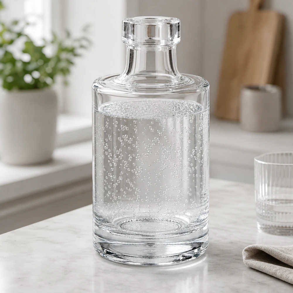 Bouteille en verre 100 ml « Marie » sans bouchon UNiTWIST® Bouteille en verre Marie de 100 ml d'eau claire et de bulles de gaz dans une ambiance de cuisine élégante avec couvercle en verre