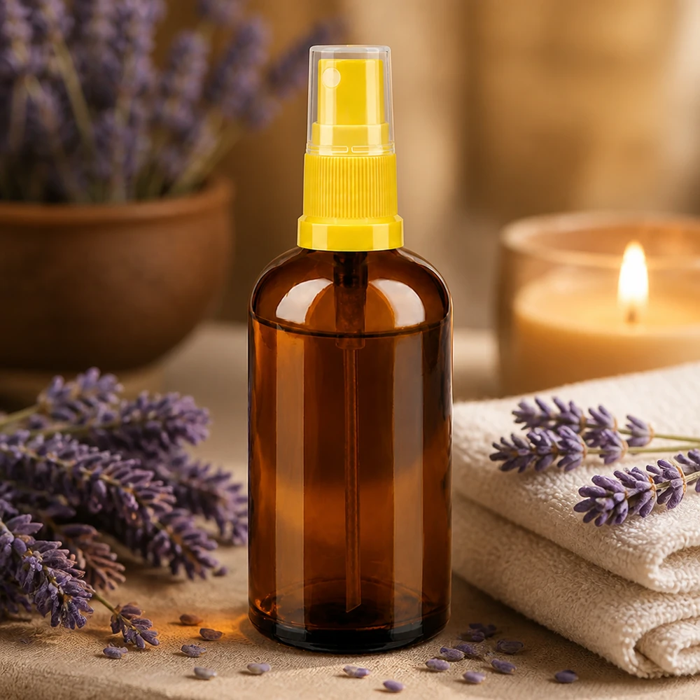 Vaporisateur 100ml jaune/tr. STD BrownLine UT18/100 Bouteille en verre Premium 100ml avec embout vaporisateur jaune idéal pour les applications de lavande et d'aromathérapie