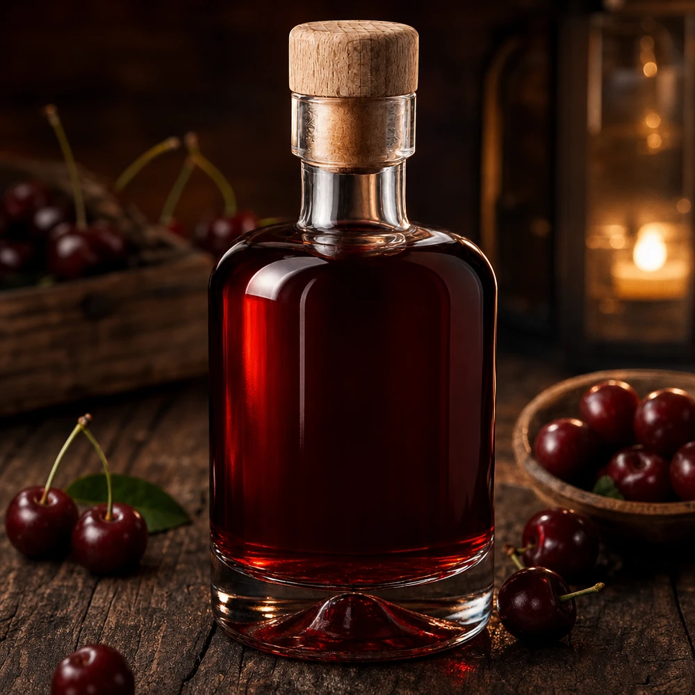 Bouteille en verre 50 ml « Amelie » avec bouchon en bois UNiTWIST Bouteille en verre Amélie de 50 ml remplie de liqueur de cerise rouge foncé entre des cerises fraîches disposées de manière rustique sur du bois