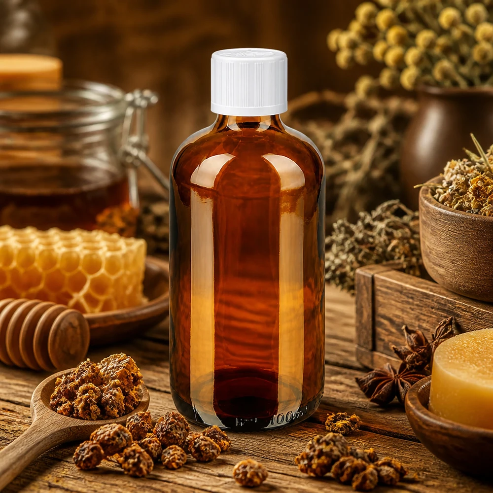 Flacon en verre de pharmacie de 100 ml, couleur ambrée, avec bouchon de sécurité blanc, entre des alvéoles d'abeille et des herbes