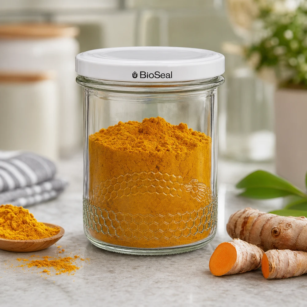Pot de miel 400ml rempli de curcuma montre l'utilisation pratique du couvercle BioSeal pour les épices et les provisions de cuisine