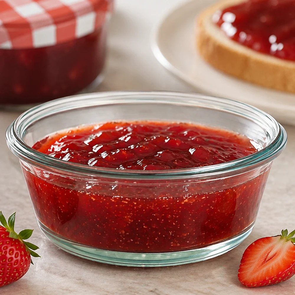 WECK RR120 Pot gourmand 300ml rempli de confiture rouge montre Utilisation comme pot à confiture avec des fraises