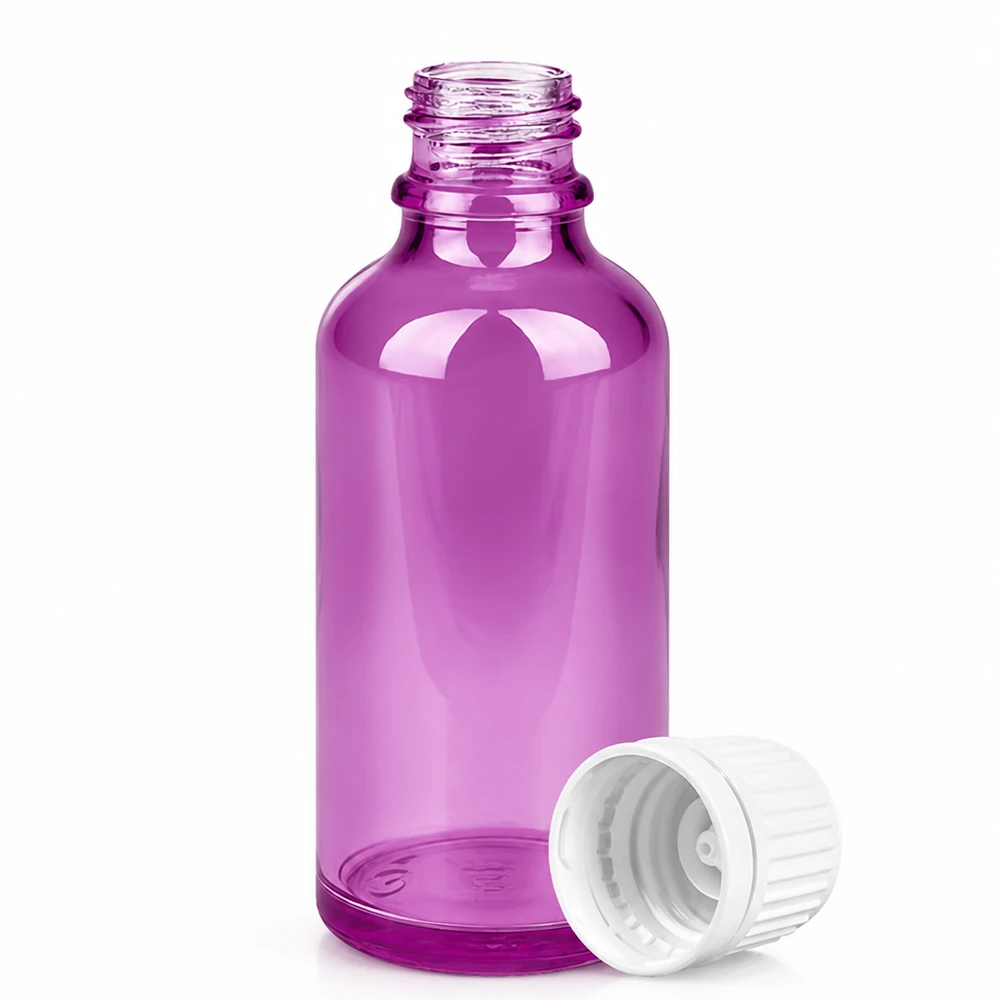 Flacon 50ml bouchon à vis 11mm blanc Originalité Bouchon à vis PurpleLine UT18/50 Bouteille de 50ml en verre brun violet avec bouchon de sécurité pour enfants pour la fabrication de cosmétiques naturels