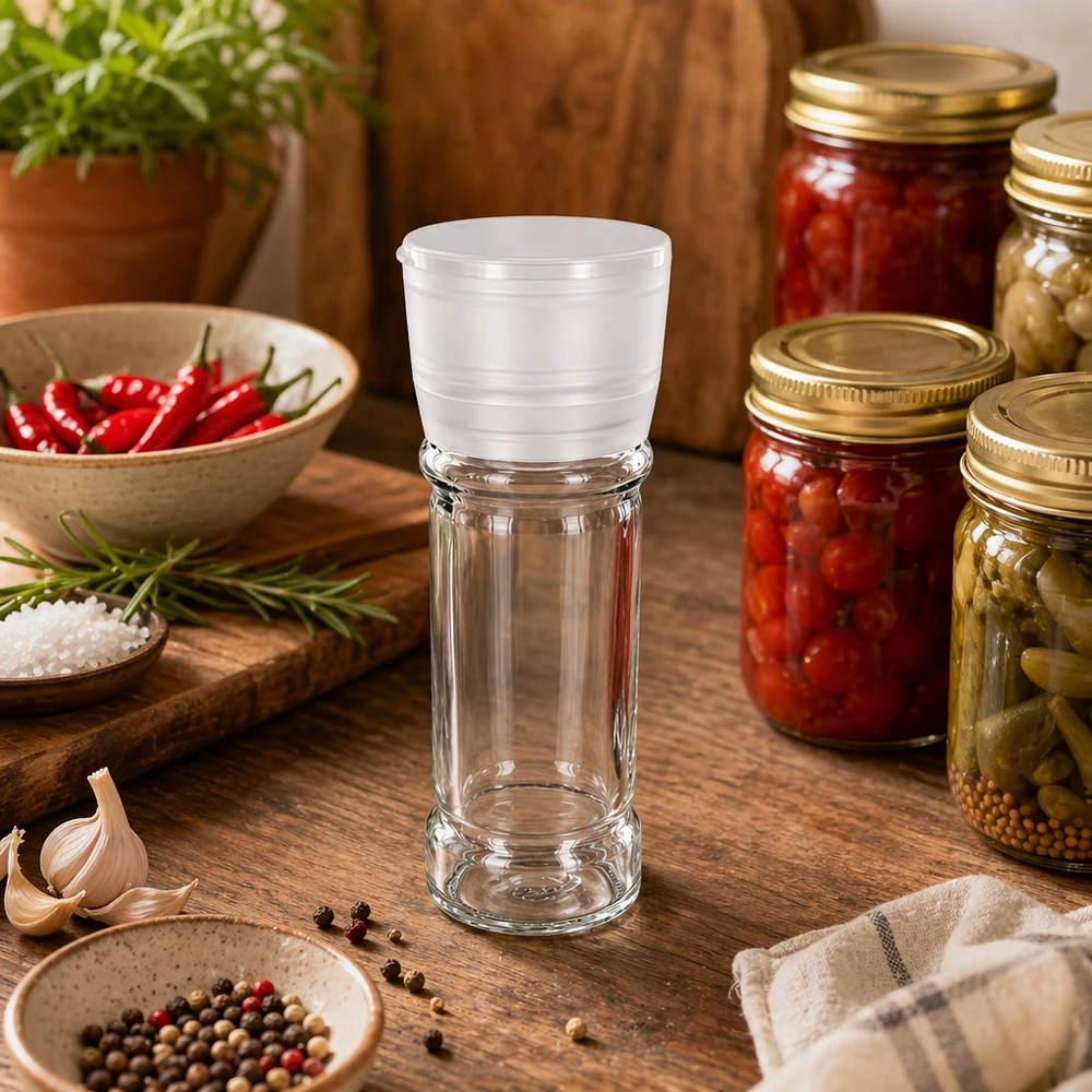 Pot à sel/épices 100 ml avec moulin Vario blanc Pot à épices transparent de 100 ml avec moulin en plastique Vario blanc, entre l'ail et le piment
