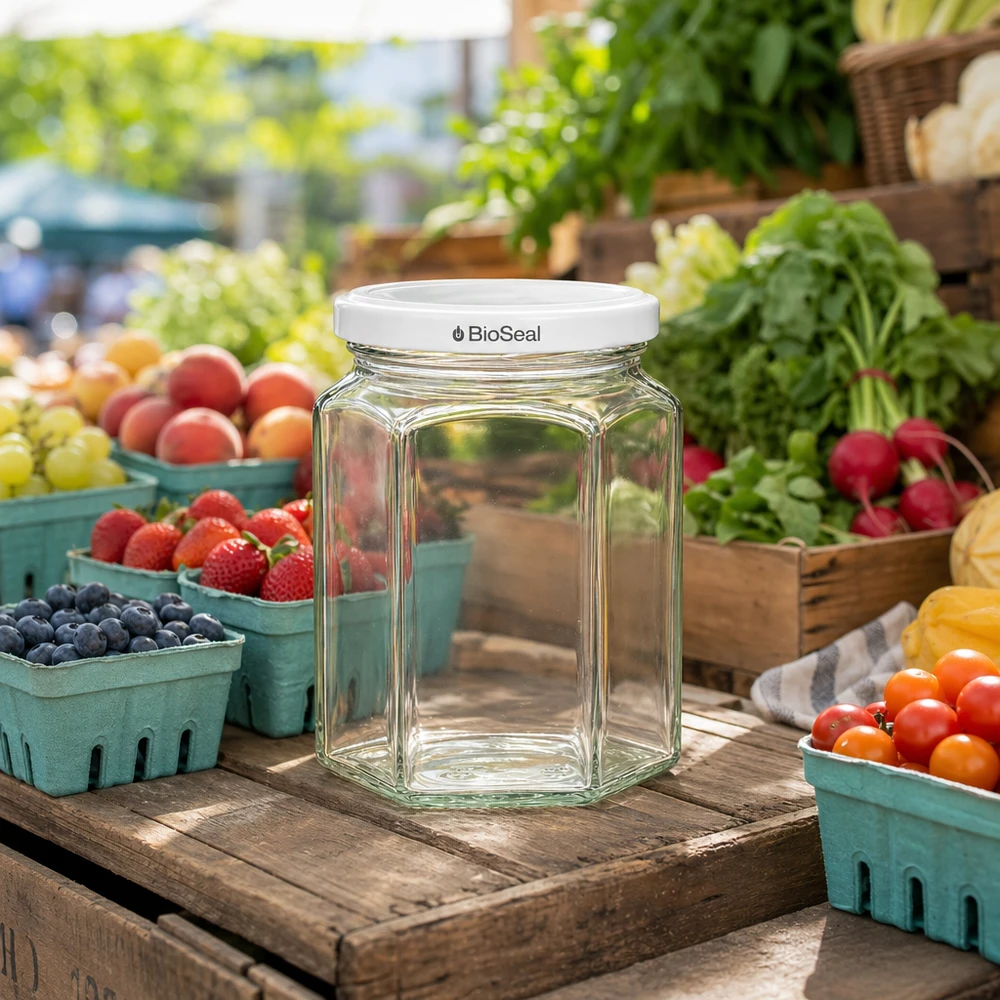 UNiTWIST Hexa288 bocal vide avec couvercle blanc TO63 BioSeal sur stand de marché parmi les fruits et légumes frais