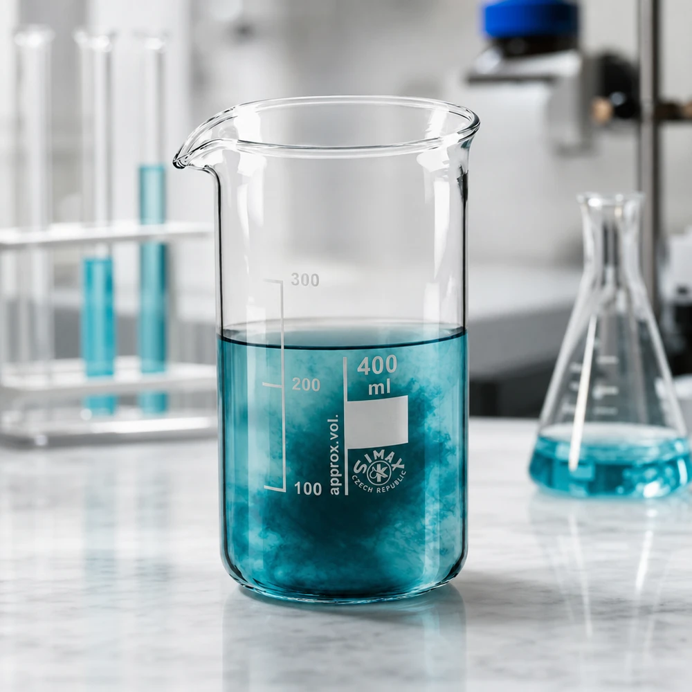 Bécher 400ml en verre borosilicate résistant à la chaleur (forme haute) Bécher en verre résistant aux produits chimiques, de forme haute, d'une contenance de 400 ml, contenant une solution turquoise et doté d'une graduation précise