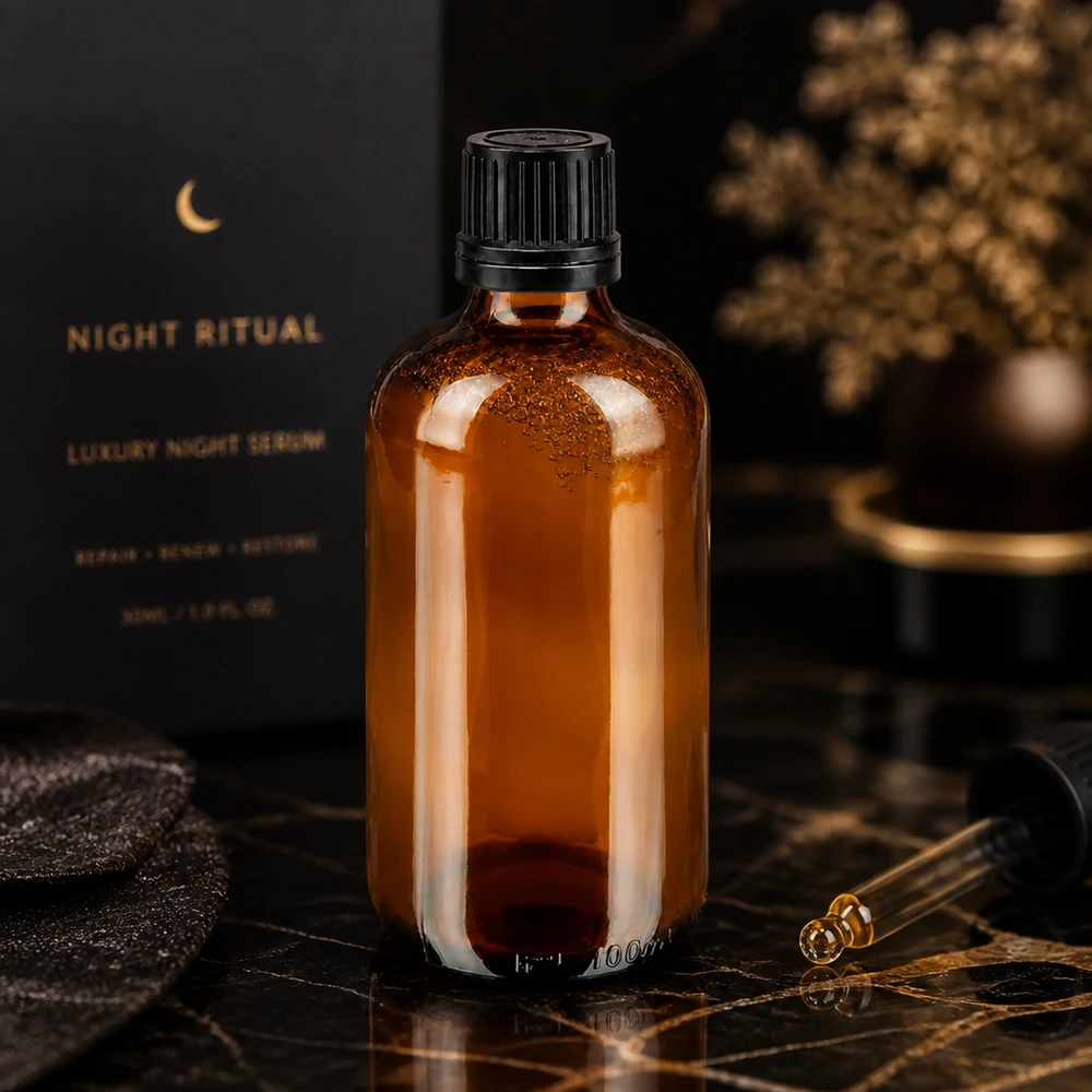 Flacon compte-gouttes ApoGlas de 100 ml, couleur ambre, avec bouchon à vis noir, posé sur un socle en marbre
