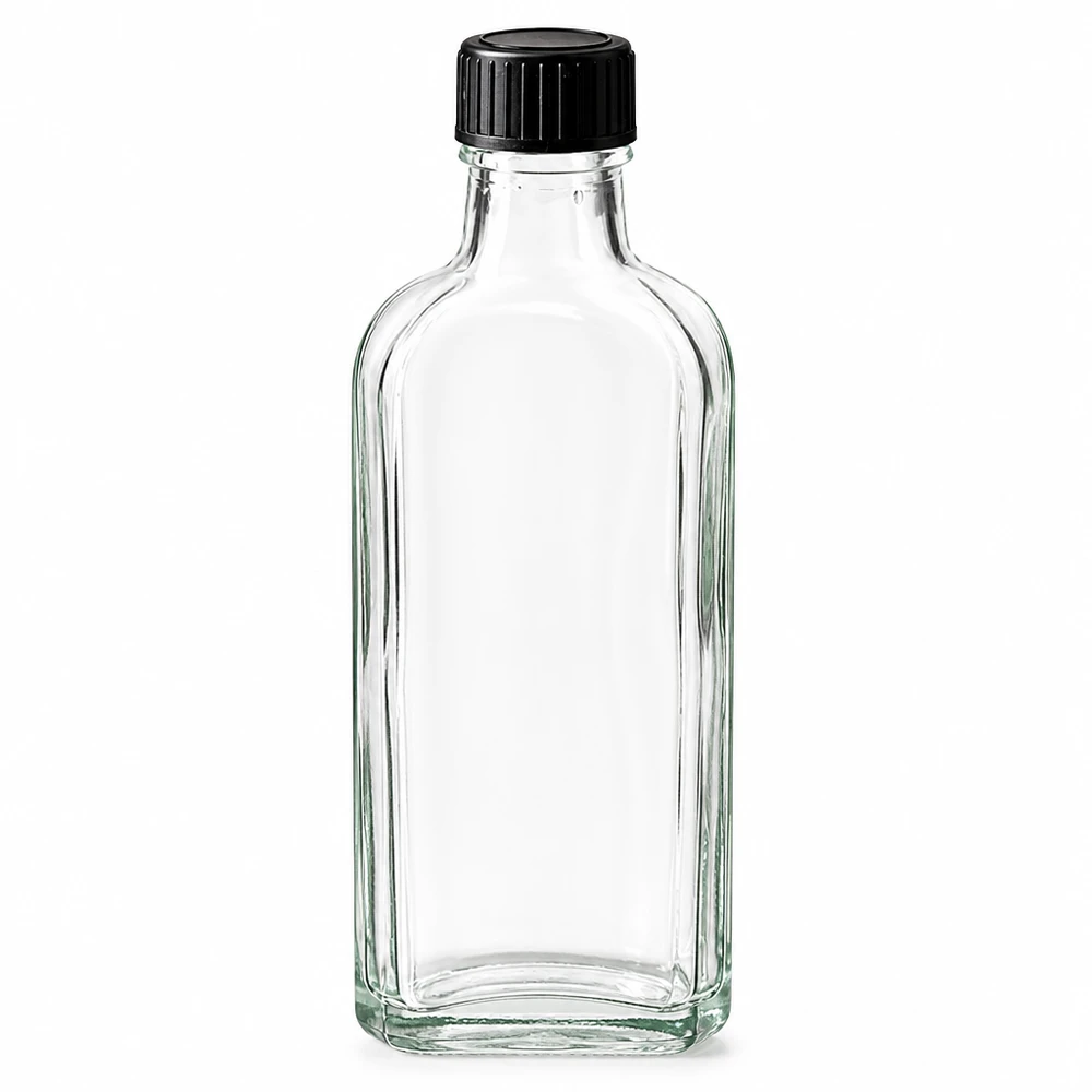 Flasque transparente de 100 ml au goulot DIN 22, avec bouchon à vis DIN 22 noir et joint LKD Flacon Meplat transparent de 100 ml, de forme carrée, avec bouchon à vis noir