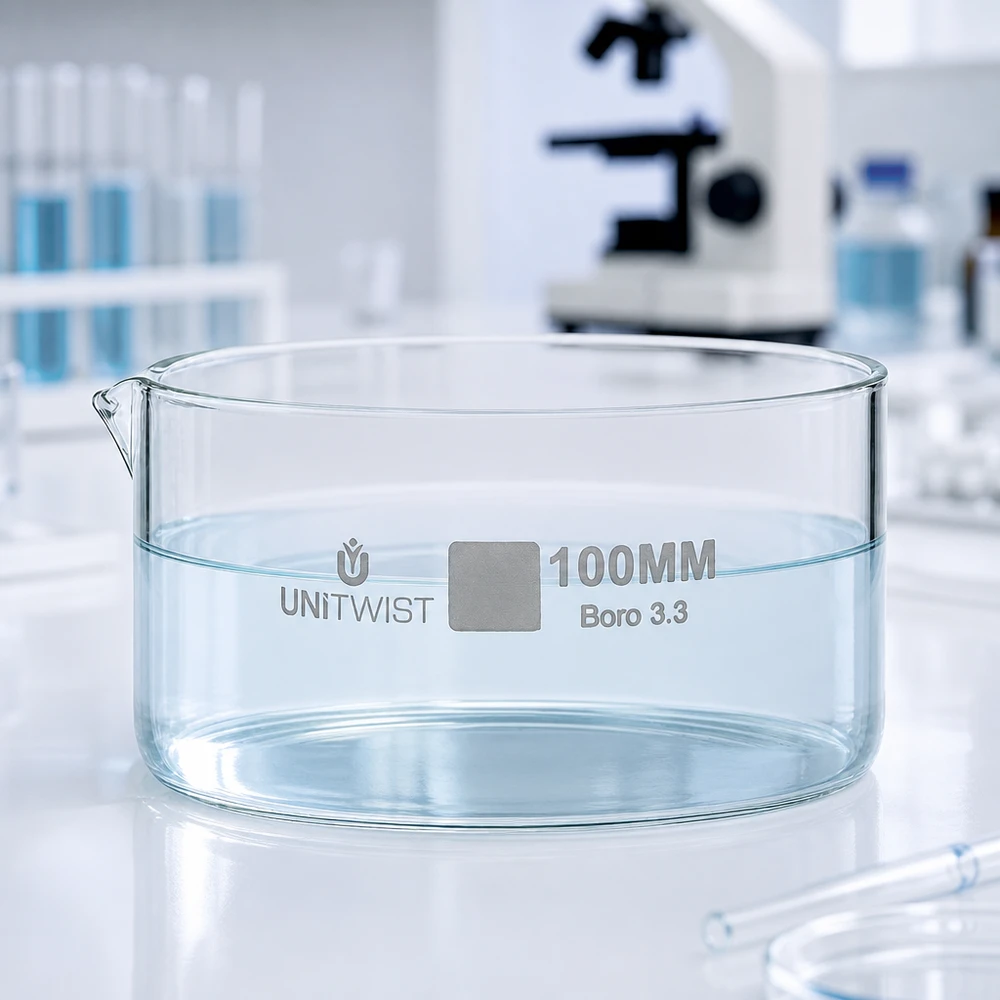 Cuve de cristallisation de laboratoire UNiTWIST 100 mm en Boro 3.3 avec bec verseur, récipient plat, résistant aux produits chimiques