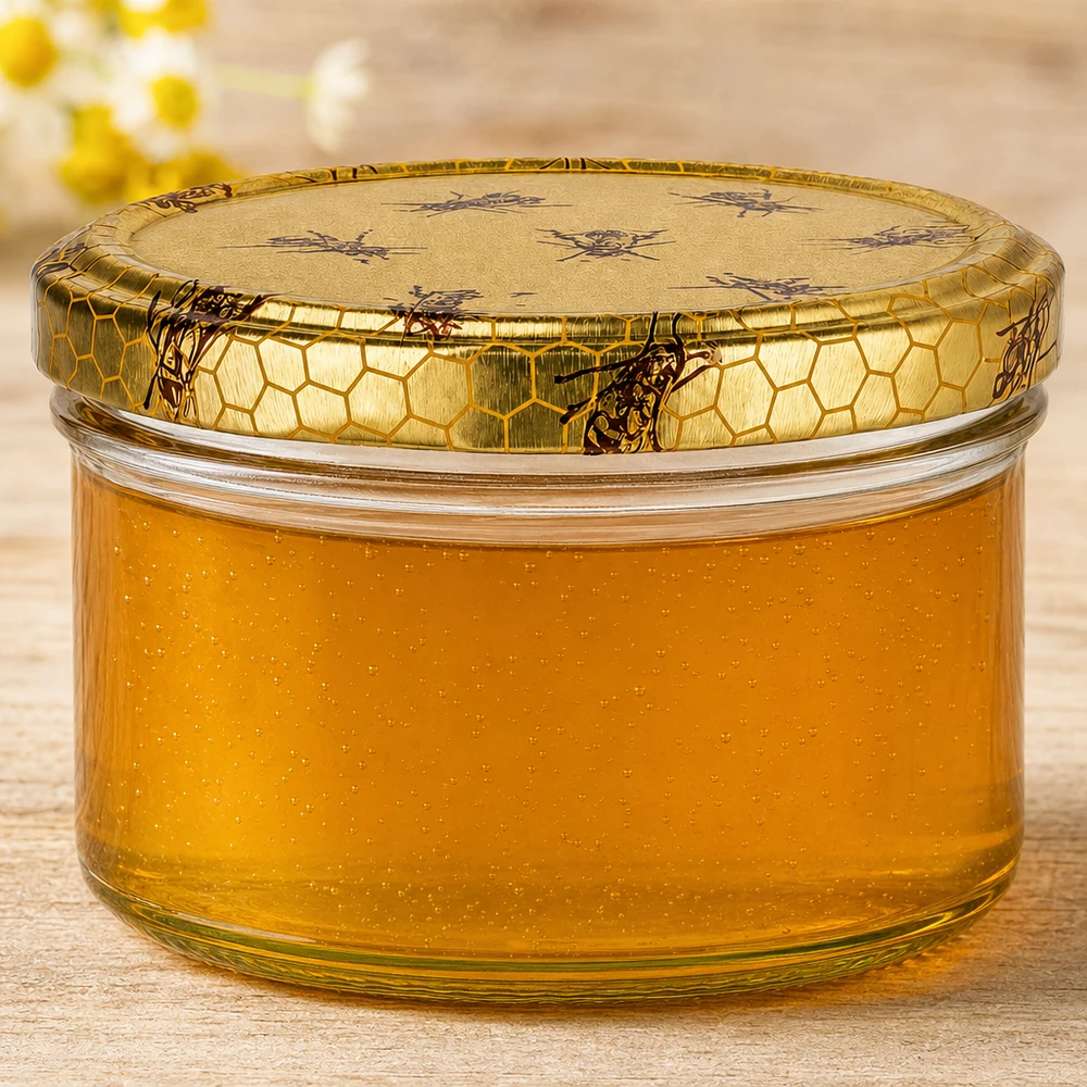 Pot de miel de 300g avec miel jaune doré et couvercle en nid d'abeille, gros plan sur la structure du verre et la consistance du miel