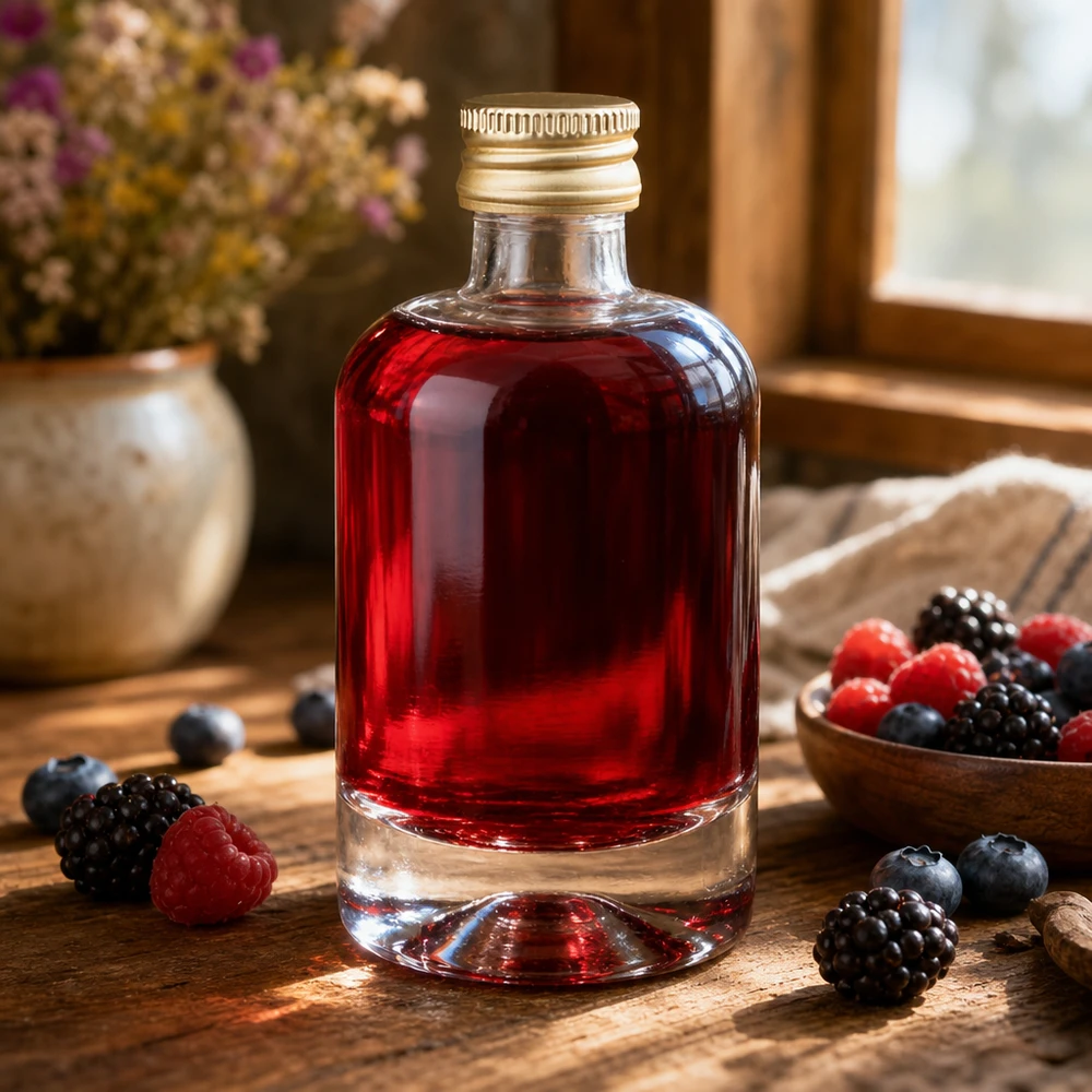 Bouteille en verre 40 ml « Sara » avec bouchon à vis doré UNiTWIST® Bouteille en verre Sara de 40 ml remplie de liqueur de baies rouges - bouchon doré UNiTWIST entouré de baies des bois fraîches