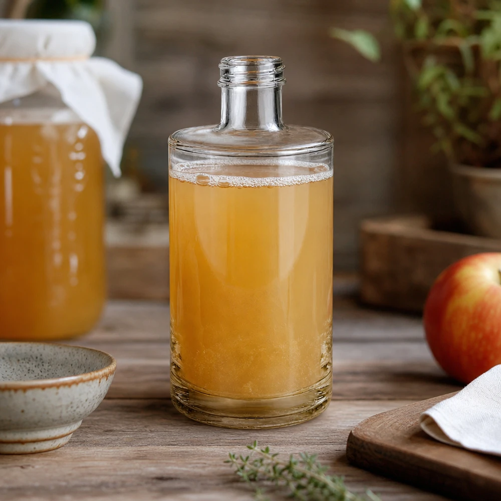 Bouteille en verre Sam de 375 ml remplie de jus de pomme sur une table en bois rustique décorée de pommes fraîches et d'un bol en céramique